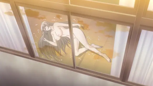 A naked anime girl with long hair lies on a tiled floor behind a glass partition as droplets of water fall around her. Screenshot from Wana Hakudaku Mamire no Houkago - Episode 1