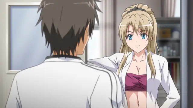 A blonde woman in a white shirt and a purple tube top stands with her arm around a man with dark hair in a white shirt. Screenshot from Wana Hakudaku Mamire no Houkago - Episode 1