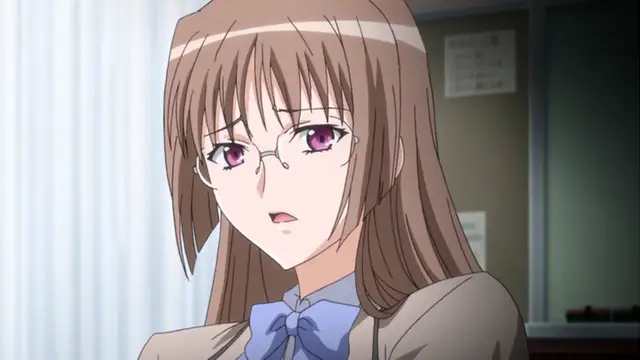 A brown-haired woman with glasses and a blue bow tie looks shocked or startled while standing in what appears to be an office setting. Screenshot from Wana Hakudaku Mamire no Houkago - Episode 1