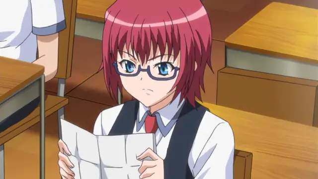A red-haired anime girl wearing glasses and a school uniform sits at a desk in a classroom, looking down at a folded piece of paper. Screenshot from Wana Hakudaku Mamire no Houkago - Episode 1