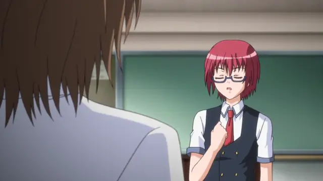 A male character with brown hair is shown from the back, facing a girl with red hair, glasses, and a school uniform who looks flustered in a classroom. Screenshot from Wana Hakudaku Mamire no Houkago - Episode 1