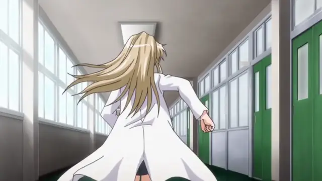 A blonde-haired woman in a white lab coat runs down a school hallway, her skirt fluttering as she moves towards the end of the corridor. Screenshot from Wana Hakudaku Mamire no Houkago - Episode 2