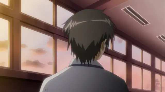 A male character with spiky black hair viewed from behind stands in a room with large windows, looking out at a sunset. Screenshot from Wana Hakudaku Mamire no Houkago - Episode 2