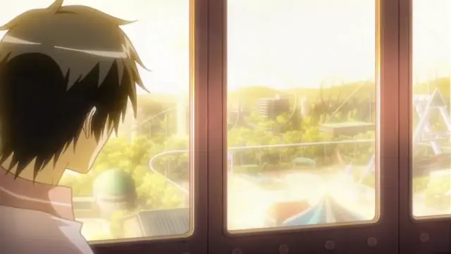 A male anime character with black hair and a white jacket looks out the window of a train at a brightly lit amusement park. Screenshot from Wana Hakudaku Mamire no Houkago - Episode 2