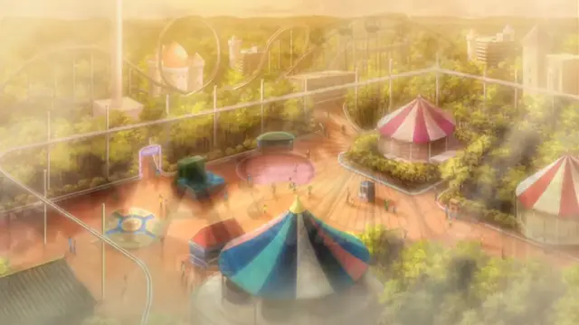 An overhead high-angle wide shot shows a bustling amusement park with roller coasters, a carousel, and various booths under a hazy, golden-lit sky. Screenshot from Wana Hakudaku Mamire no Houkago - Episode 2