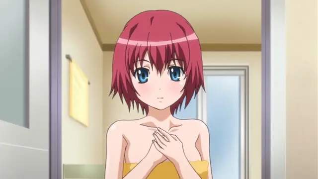 A surprised anime girl with short red hair and blue eyes stands in a bathroom wrapped in a yellow towel, looking towards the viewer with her hands pressed together in front of her chest. Screenshot from Wana Hakudaku Mamire no Houkago - Episode 2