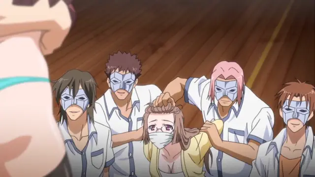 A group of men in blue masks and white shirts surround and hold a terrified girl with a face mask, while a woman's chest is visible in the foreground. Screenshot from Wana Hakudaku Mamire no Houkago - Episode 2