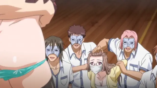 A group of masked men in white uniforms surround a crying girl with a mask and yellow outfit, while a large-breasted woman in a teal bikini stands in the foreground. Screenshot from Wana Hakudaku Mamire no Houkago - Episode 2