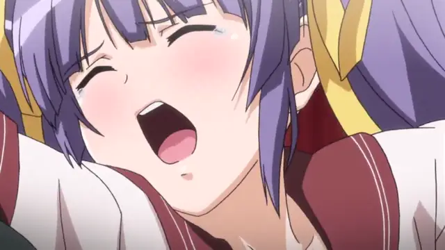 A close-up shot of a blushing anime girl with purple hair and yellow ribbons, her eyes closed and mouth wide open in an ecstatic expression as she is being embraced from behind. Screenshot from Wana Hakudaku Mamire no Houkago - Episode 2