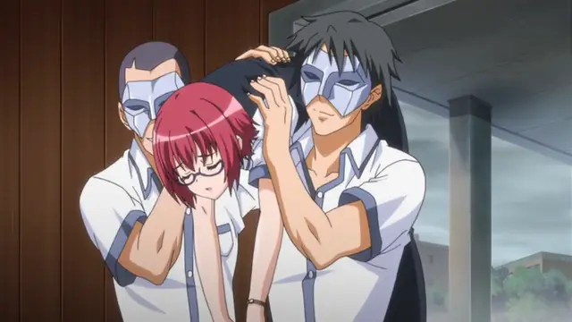 Two men wearing white masks and white shirts are pulling the shirt off a blushing girl with pink hair and glasses. Screenshot from Wana Hakudaku Mamire no Houkago - Episode 2