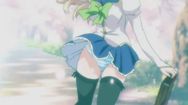 A girl in a school uniform with a blue skirt and green ribbon is shown from the side as her skirt lifts to reveal her underwear and butt while she holds a sword. Screenshot from Nee Summer! - Episode 1