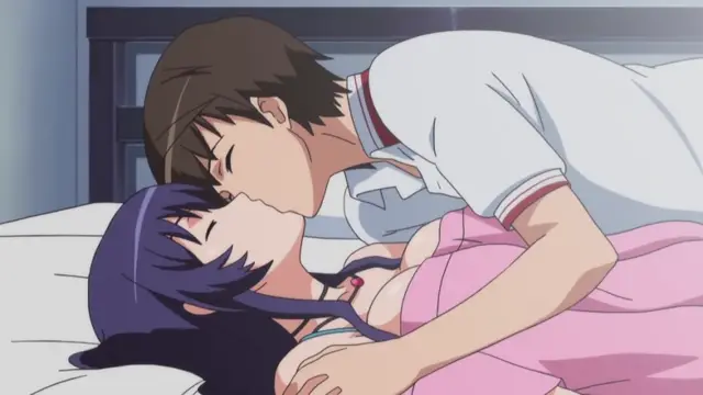 A male character and a female character with long purple hair are lying on a bed and kissing, with the girl wearing a pink outfit. Screenshot from Nee Summer! - Episode 1