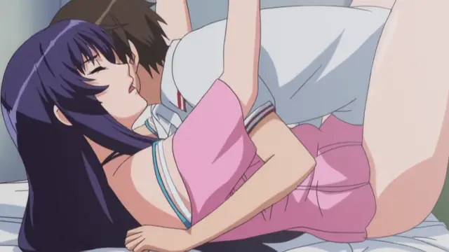 A man and a woman with dark hair engage in sexual intercourse on a bed, with the woman wearing a pink and white outfit. Screenshot from Nee Summer! - Episode 1
