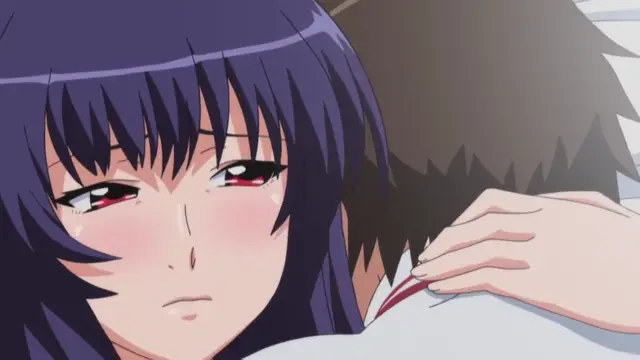 A blushing anime girl with purple hair looks distressed and tearful as she is held from behind by a male character in a bedroom setting. Screenshot from Nee Summer! - Episode 1