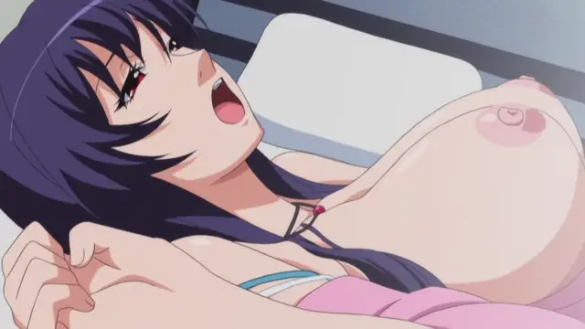 An anime woman with dark hair and red eyes lies on her back with an open-mouthed expression, her large breasts exposed and her hands raised near her head. Screenshot from Nee Summer! - Episode 1
