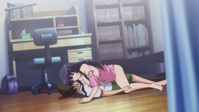 A purple-haired anime girl in a pink top and green shorts lies face down on a wooden floor next to a man, appearing to be in a state of exhaustion or submission. Screenshot from Nee Summer! - Episode 1