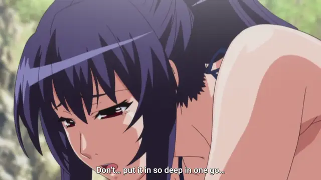 A close-up shot of an anime girl with dark purple hair and a blushing face looking towards the right with a subtitle that reads "Don't.. put it in so deep in one go...". Screenshot from Nee Summer! - Episode 2