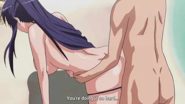 A nude anime girl with long dark hair is bent over a surface while a muscular man stands behind her, grasping her buttocks and penis, with the subtitle "You're doing it so hard..." displayed at the bottom. Screenshot from Nee Summer! - Episode 2