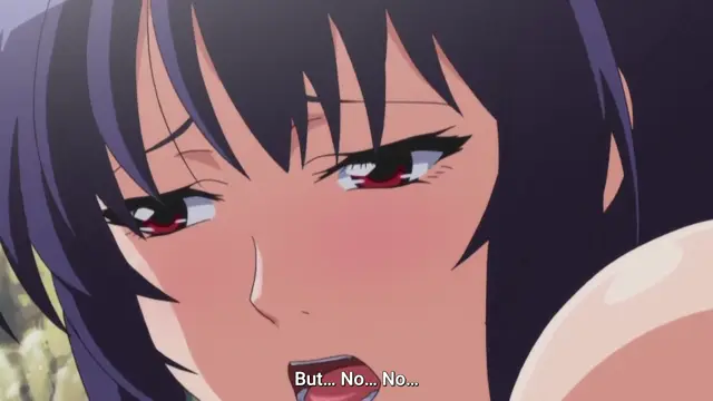 A close-up shot of an anime girl with purple hair and blushing cheeks looking down with a dazed expression as the subtitles "But... No... No..." appear at the bottom. Screenshot from Nee Summer! - Episode 2