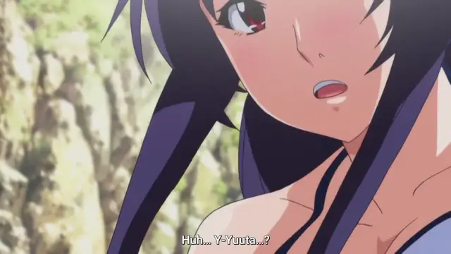 An anime girl with purple hair and a surprised expression looks into the camera while the subtitle reads, "Huh... Y-Yuuta...?". Screenshot from Nee Summer! - Episode 2