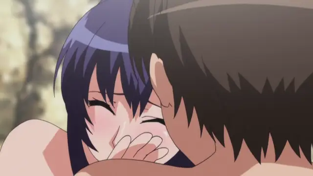 A blushing anime girl with blue hair is shown in a close-up, pressed against a man with brown hair as she covers her mouth with her hand, her eyes squeezed shut in a suggestive expression. Screenshot from Nee Summer! - Episode 2