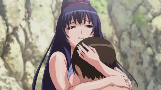 A dark-haired woman in a blue tank top holds a man in her arms with a sorrowful expression as they are surrounded by a dense forest. Screenshot from Nee Summer! - Episode 2