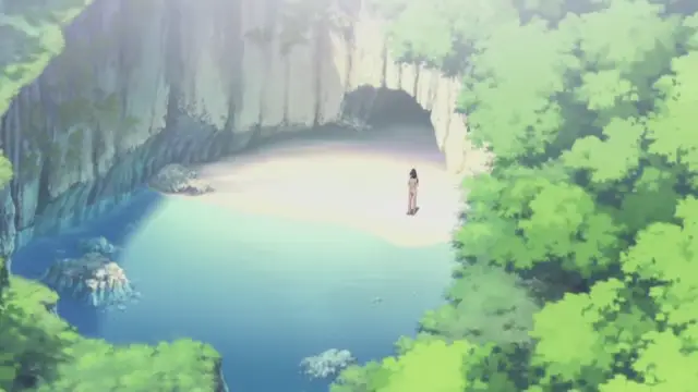A girl in a bikini stands on the white sand of a secluded beach inside a lush green jungle cove with turquoise water. Screenshot from Nee Summer! - Episode 2