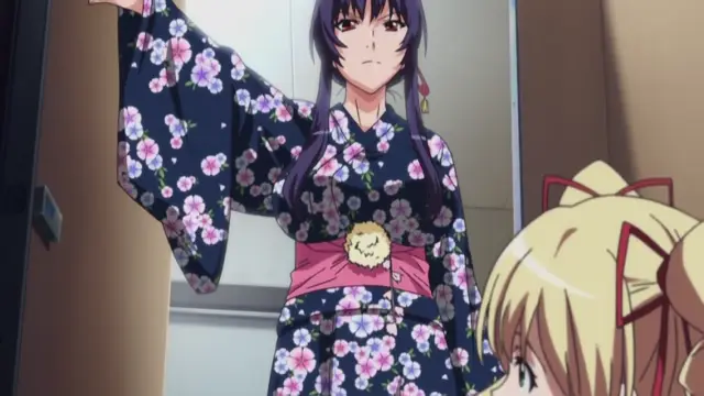 A girl in a floral kimono stands with an annoyed expression while another girl in a kimono with blonde hair looks on in the foreground. Screenshot from Nee Summer! - Episode 2