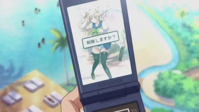 A close-up shot shows a person's hand holding a flip phone with a picture of a blonde anime girl in a bikini on the screen, accompanied by the Japanese subtitle "削除しますか？" (Delete it?). Screenshot from Nee Summer! - Episode 2