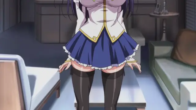 A girl in a white and blue school uniform with a short skirt stands in a living room, her breasts visible above her neckline and her thighs exposed by her high black stockings. Screenshot from Nee Summer! - Episode 2