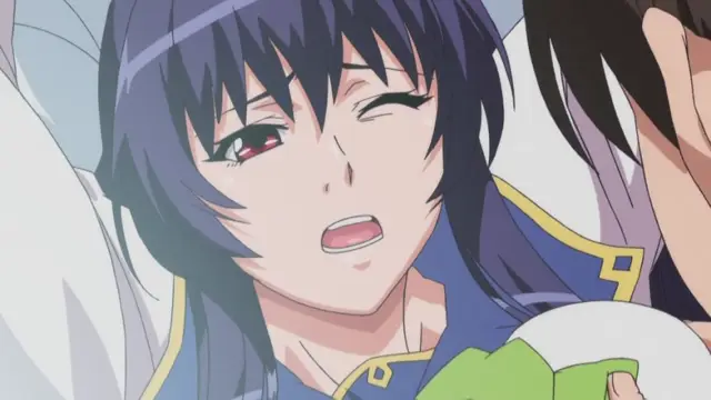 A close-up shot of a dark-haired anime girl with a dazed, heavy-lidded expression winking and panting while lying down next to a man. Screenshot from Nee Summer! - Episode 2