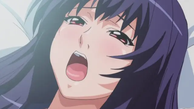 A close-up of an anime girl with long dark blue hair, blushing and looking up with a dazed expression and her mouth open. Screenshot from Nee Summer! - Episode 2