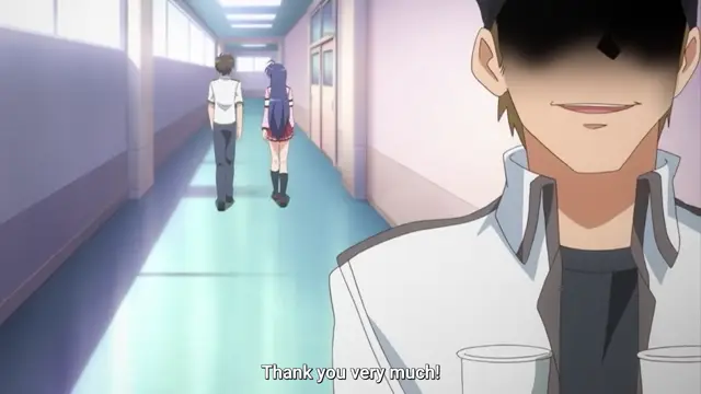 A close-up of a smirking man with shaded eyes in the foreground watches a man and a girl in school uniforms walking down a hallway, with the subtitle "Thank you very much!" at the bottom. Screenshot from Mesu Nochi Torare - Episode 1