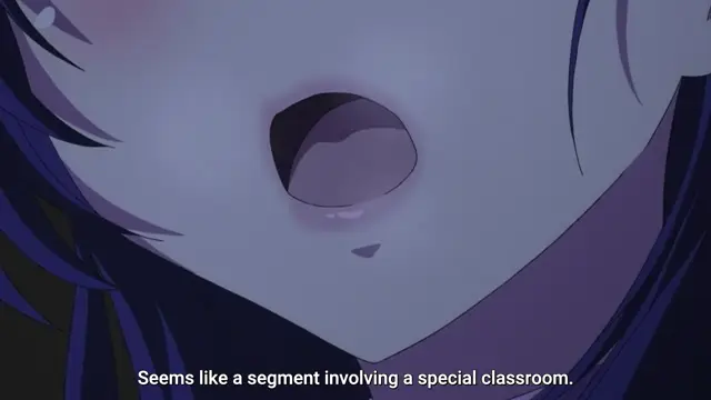 A close-up of an anime girl with dark hair and an open mouth looks towards the viewer, with the subtitle "Seems like a segment involving a special classroom." at the bottom. Screenshot from Mesu Nochi Torare - Episode 1