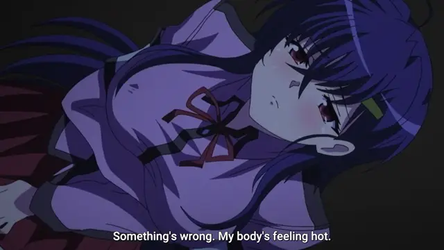 A blushing anime girl with long blue hair wearing a school uniform lies on her back with a dazed expression, accompanied by the subtitle, "Something's wrong. My body's feeling hot.". Screenshot from Mesu Nochi Torare - Episode 1