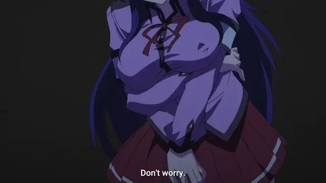 A close-up shot of a blue-haired anime girl in a school uniform with a large chest looking down while the subtitles say, "Don't worry.". Screenshot from Mesu Nochi Torare - Episode 1