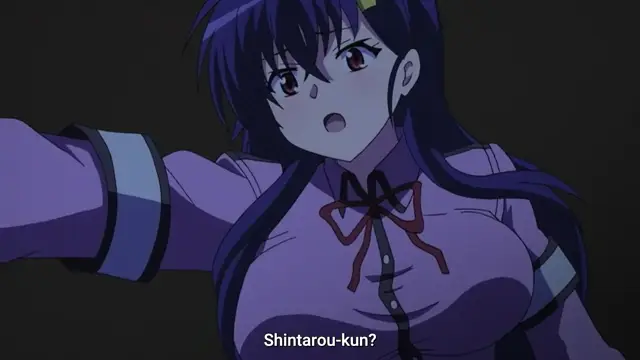 A close-up shot shows a blue-haired anime girl with a shocked expression, wearing a purple school uniform with a red ribbon, as she looks toward the viewer and says, "Shintarou-kun?". Screenshot from Mesu Nochi Torare - Episode 1