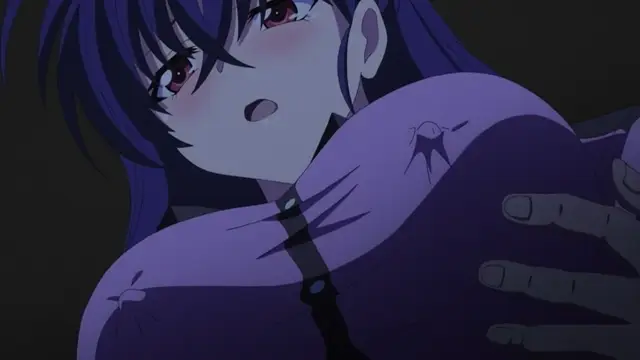 A blushing anime girl with dark blue hair is pinned down by a large hand as her breasts are squeezed and pushed forward. Screenshot from Mesu Nochi Torare - Episode 1