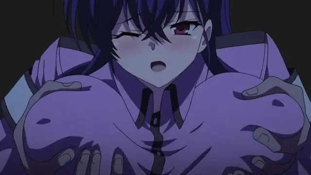 A blushing anime girl with long blue hair looks shocked as multiple hands grasp and squeeze her large breasts from the sides. Screenshot from Mesu Nochi Torare - Episode 1