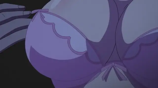A close-up shot of a woman's large breasts in a purple ruffled bra, with a hand reaching from the side to touch the side of one breast. Screenshot from Mesu Nochi Torare - Episode 1