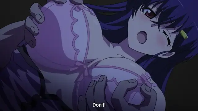 A blue-haired anime girl with a shocked expression is being held from behind by a man's hands as she wears a lavender-colored ruffled negligee, with the subtitle "Don't!" at the bottom. Screenshot from Mesu Nochi Torare - Episode 1