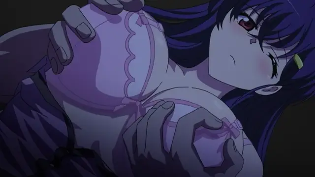 A woman with long dark hair and red eyes is being held down while a man's hands grasp her breasts, which are accentuated by a ruffled purple garment. Screenshot from Mesu Nochi Torare - Episode 1
