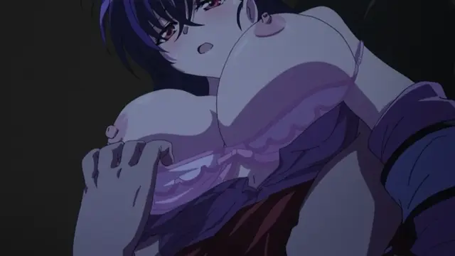 A woman with dark blue hair and a shocked expression looks up as her breasts are exposed, her hand resting on one of them. Screenshot from Mesu Nochi Torare - Episode 1