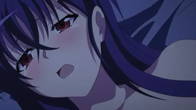 A close-up shot shows an anime girl with long dark blue hair and blushing cheeks, looking up with watery, wide eyes and an open mouth as if in a state of arousal. Screenshot from Mesu Nochi Torare - Episode 1