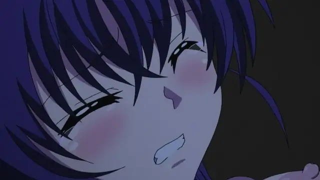 An anime girl with short blue hair and blushing cheeks has a dazed expression with her eyes rolled back. Screenshot from Mesu Nochi Torare - Episode 1