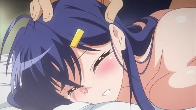 An anime girl with blue hair and blushing cheeks lies on a bed with her head held by two hands while she appears to be moaning. Screenshot from Mesu Nochi Torare - Episode 1