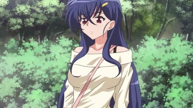 A blue-haired anime girl with blushing cheeks and a worried expression stands in a lush green forest wearing a cream-colored off-the-shoulder top with a pink strap. Screenshot from Mesu Nochi Torare - Episode 2