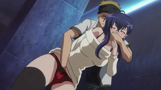 A tall male character with spiky hair and a headband stands behind a woman with long purple hair, holding her from behind while she leans forward with her eyes closed and mouth open in a blushing expression, wearing a white off-the-shoulder sweater and red panties. Screenshot from Mesu Nochi Torare - Episode 2