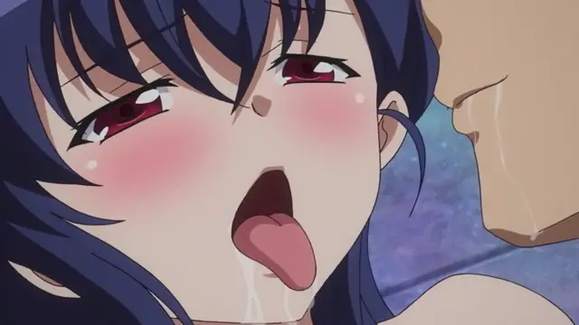 A close-up shot of a blue-haired anime girl with flushed cheeks and heavy panting, looking up with glazed eyes as she is being penetrated from behind by a man's face pressed against her shoulder. Screenshot from Mesu Nochi Torare - Episode 2