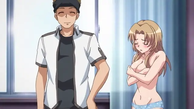 A blond woman in blue panties stands with her arms crossed and an embarrassed expression while a man in a white and black jacket stands next to her, looking down with a smirk. Screenshot from Mesu Nochi Torare - Episode 2